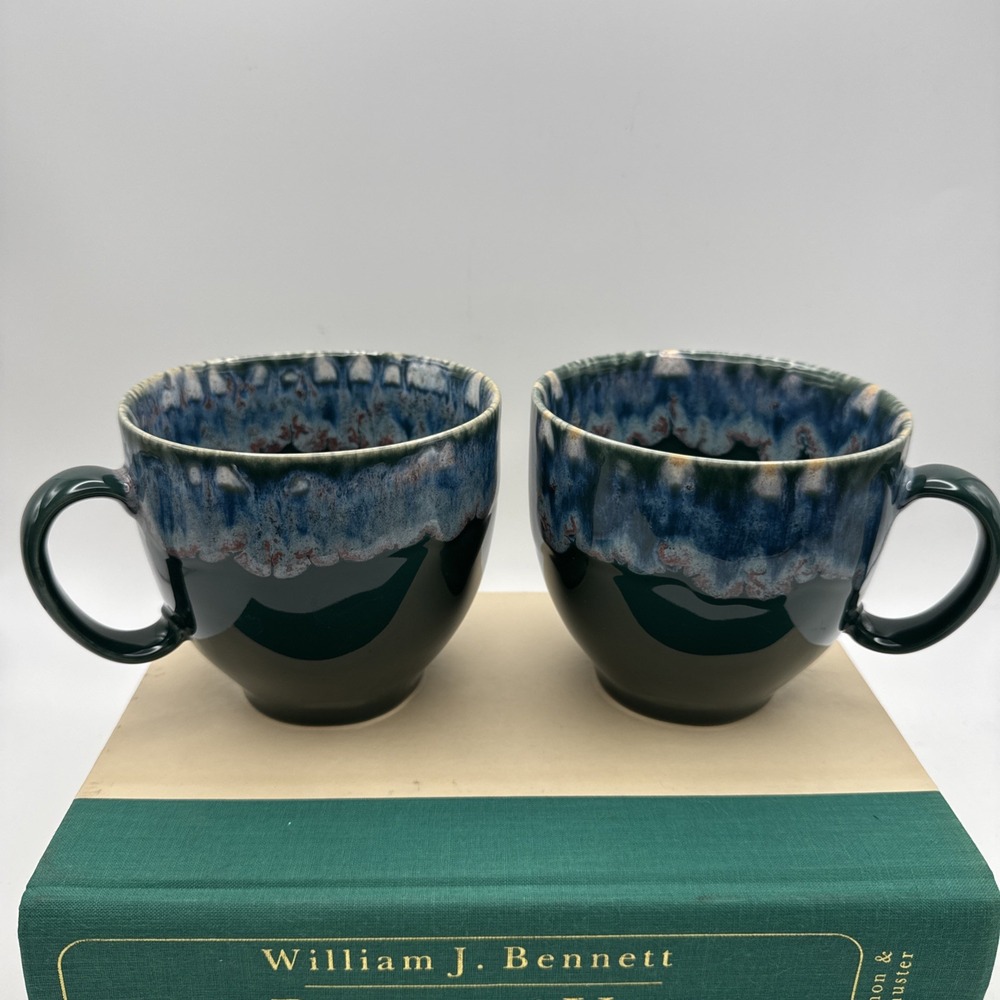 Anthropologie Coffee Mug Cup Zabra Drip Glaze Portugual Set of 2 Green Blue